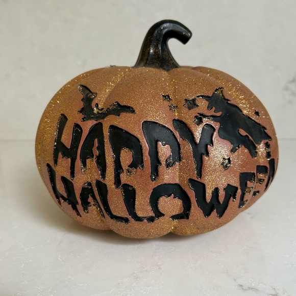 Glittery Pumpkin Pier 1 Halloween Kitchen Decor Toxic Mug and Tea Towel - Picture 3 of 11